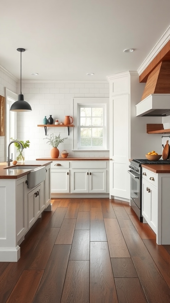 A bright farmhouse kitchen featuring warm, dark wooden flooring.