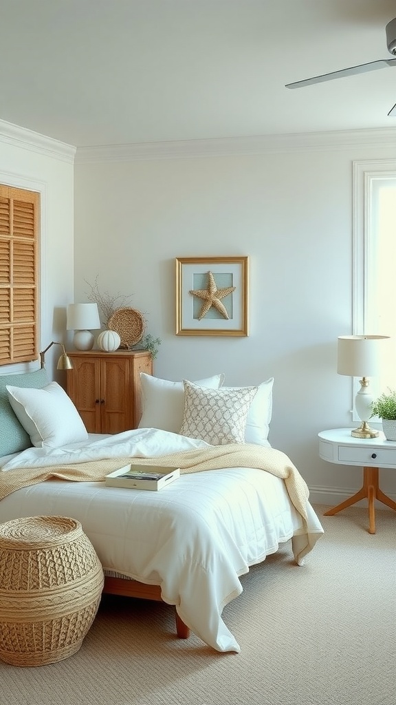 A stylish neutral bedroom with sandy tones, featuring a cozy bed, woven basket, and coastal decor.