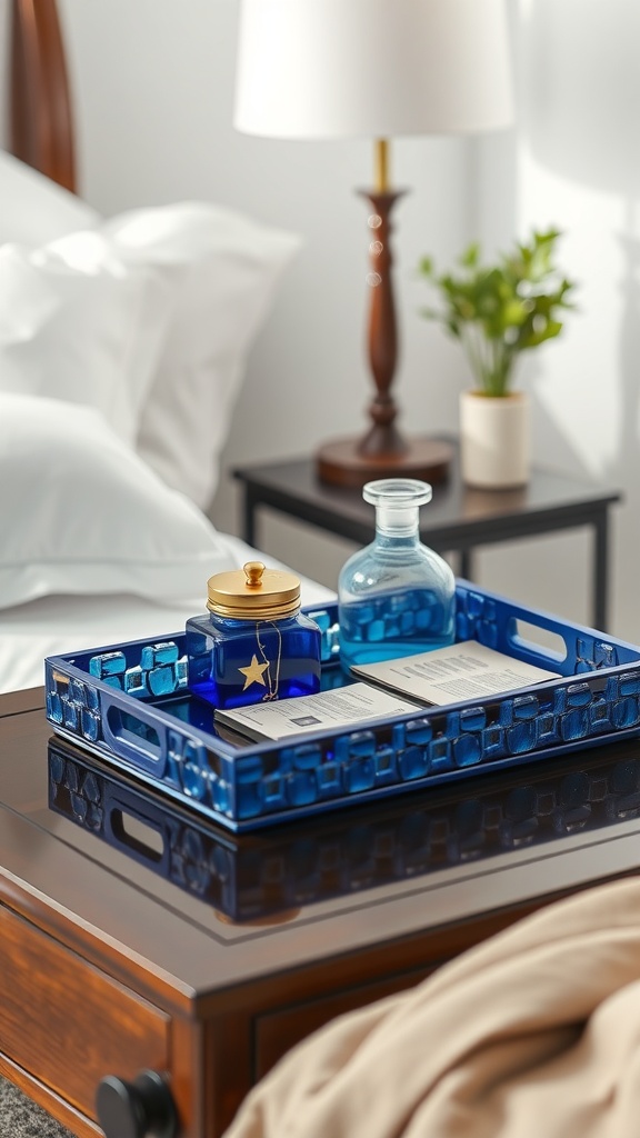 A sapphire blue decorative tray with a blue jar and glass bottle on a wooden bedside table