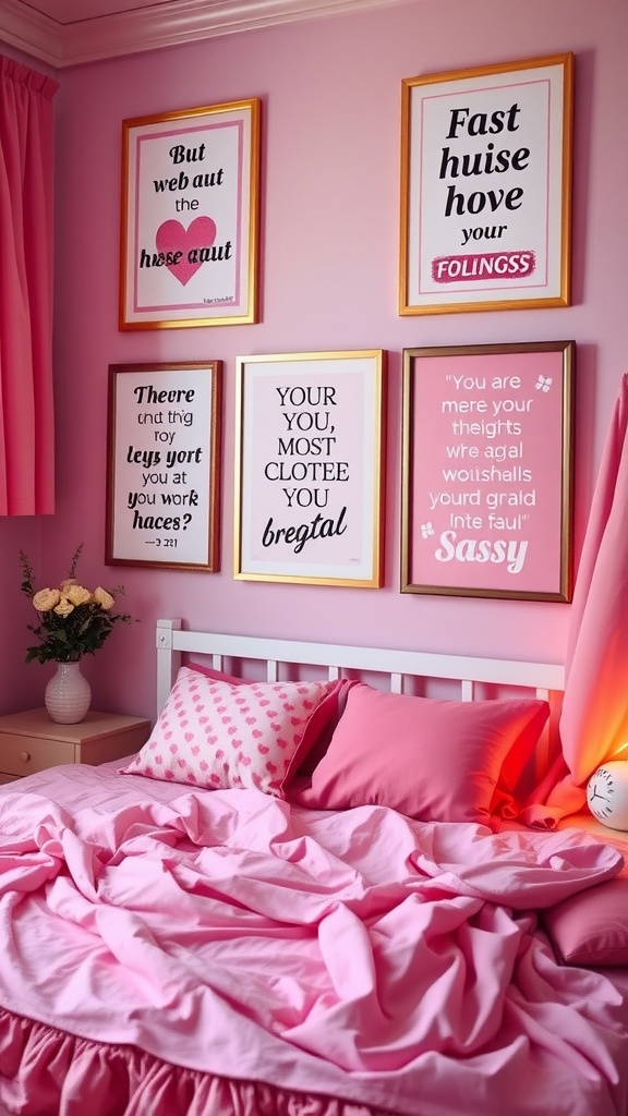 A pink-themed bedroom featuring colorful inspirational quotes on the wall and cozy bedding.
