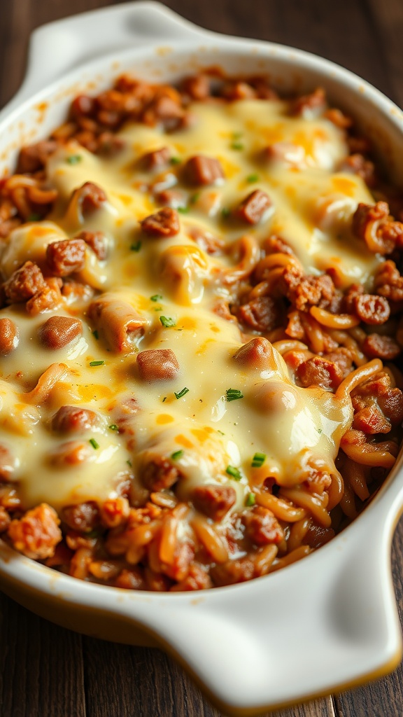 A delicious beef and rice casserole topped with melted cheese.