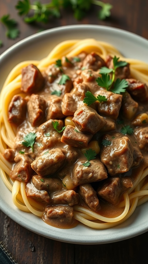 A plate of Beef Stroganoff served over egg noodles, garnished with parsley.