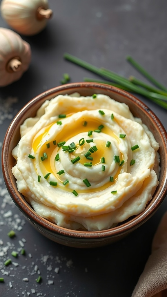 Creamy garlic mashed potatoes topped with chives
