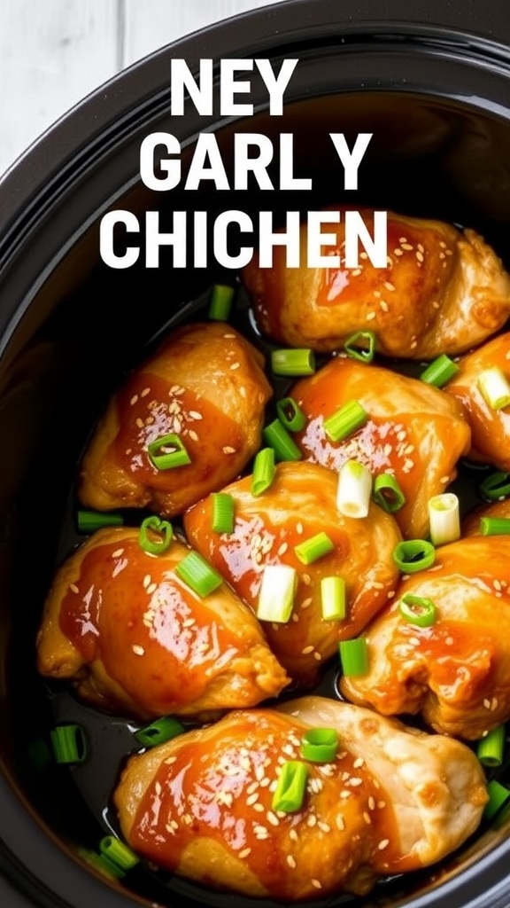 Crockpot dish with honey garlic chicken garnished with green onions