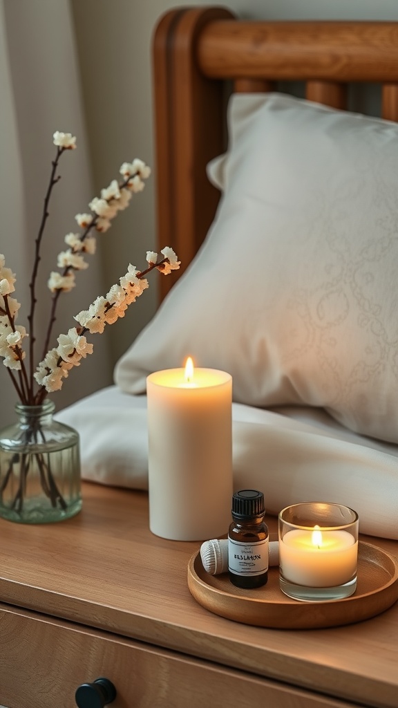 A cozy bedside setup featuring scented candles, essential oils, and flowers