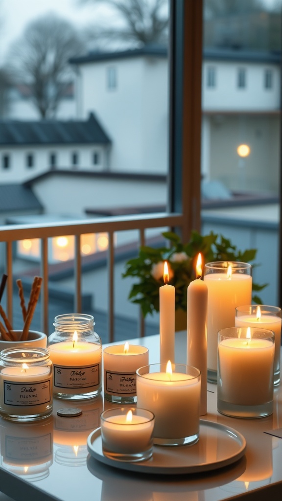 A cozy arrangement of scented candles on a balcony table, creating a warm ambiance.