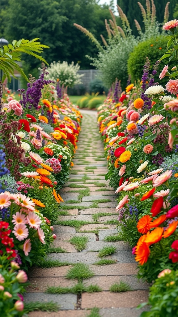 Vibrant flower borders along a path filled with colorful blooms and greenery.