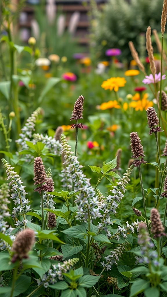 A lush garden featuring a variety of herbs and colorful flowers