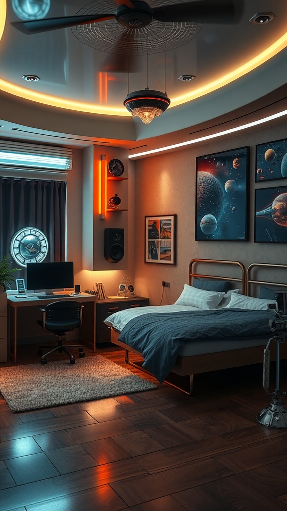 A futuristic bedroom with space-themed decor, LED lighting, and a modern desk setup.