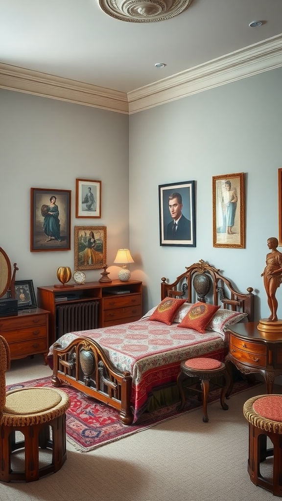 A cozy farmhouse bedroom featuring sculptural furniture with intricate designs.