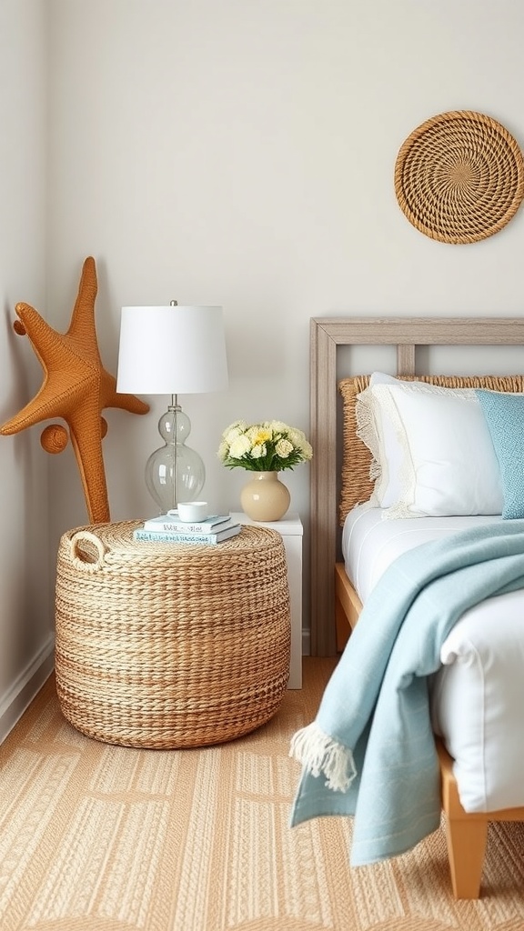 A cozy bedroom with seagrass baskets for storage, a lamp, and a blue throw blanket, showcasing an ocean-themed design.