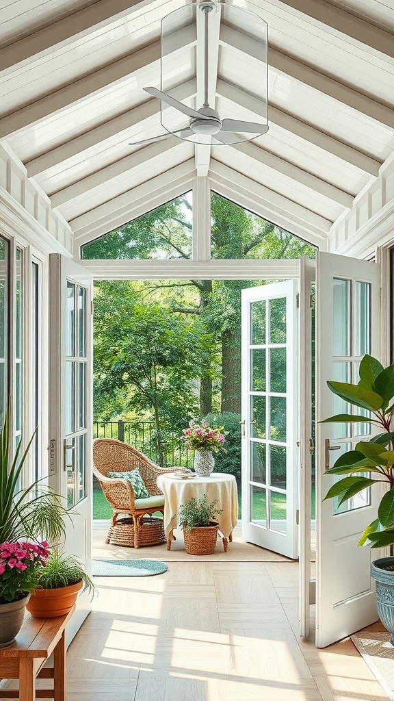 A bright sunroom with open French doors leading to a lush garden, featuring wicker furniture and potted plants.