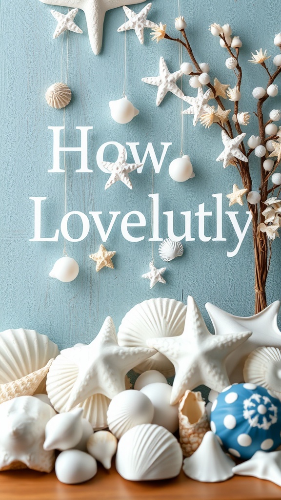 Decorative seashells and starfish against a blue background with white text.