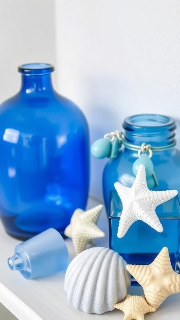 Decorative seashells and starfish against a blue background with white text.