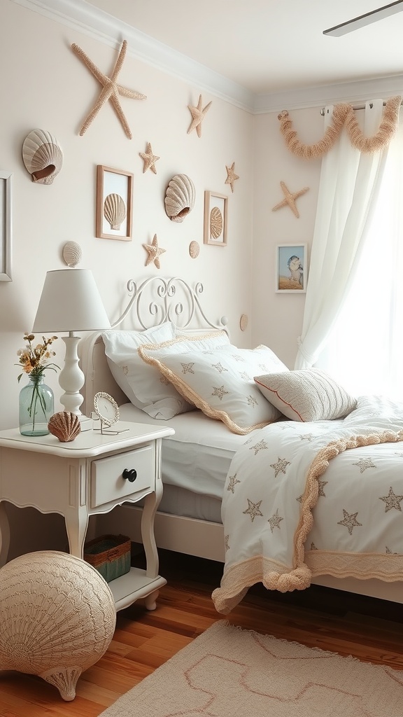 Cozy bedroom with seashell decor and starfish accents