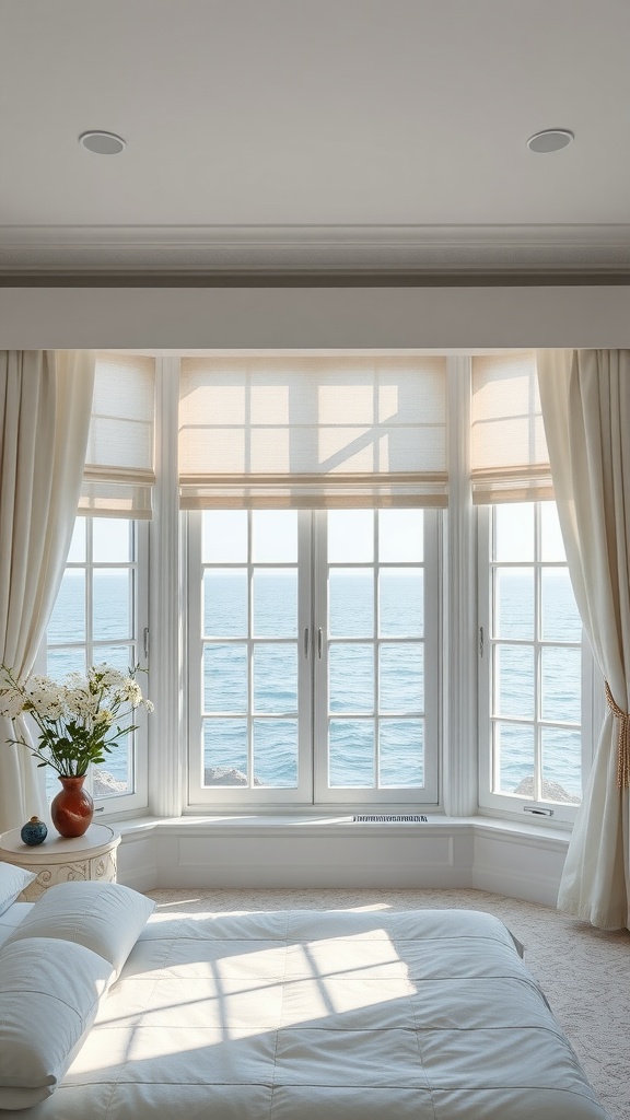 A bright bedroom with white window treatments overlooking the ocean.