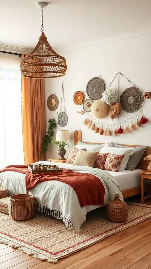 A rustic boho style bedroom with warm tones, woven decor, and cozy textiles.