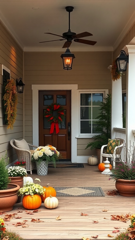 Cozy autumn farmhouse back porch with pumpkins and seasonal decor
