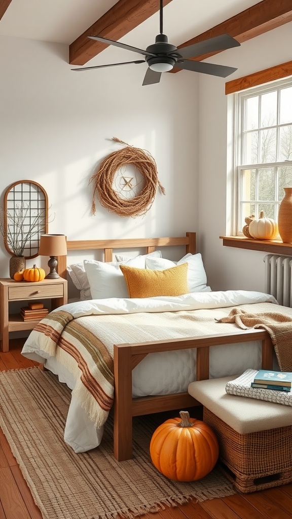 A cozy autumn-themed modern farmhouse bedroom with pumpkins and natural decor.
