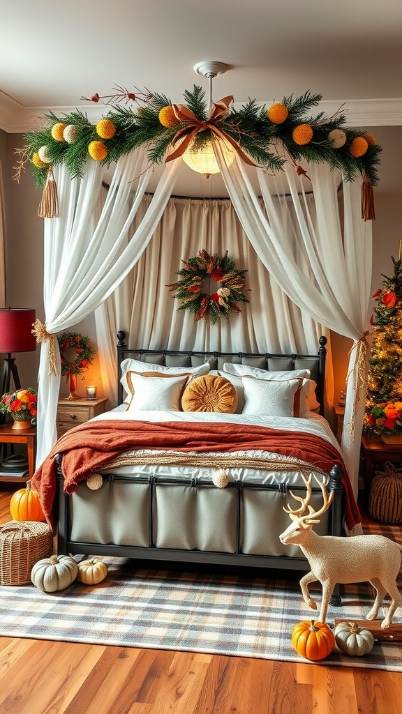 A serene boho bedroom with a canopy bed, decorated with seasonal fall decor including pumpkins, greenery, and warm-colored textiles.