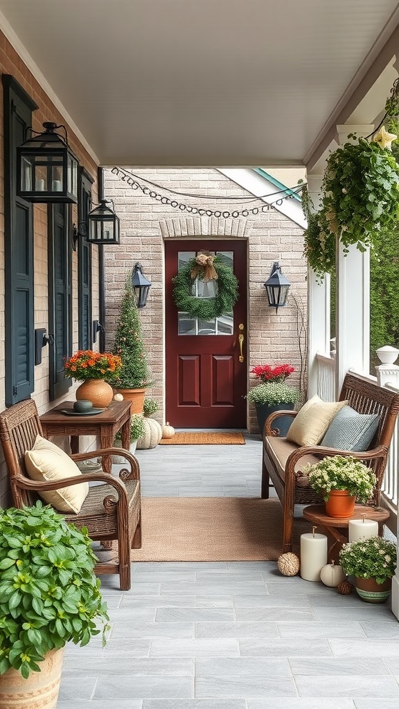 A beautifully decorated farmhouse patio with wooden chairs, potted plants, and a seasonal wreath on the door.