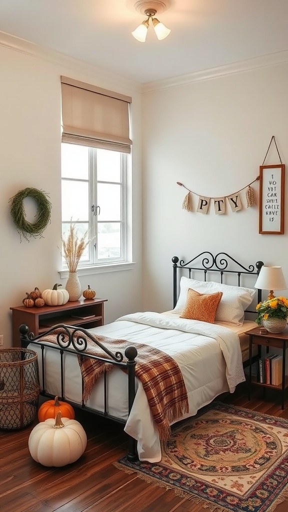Cozy farmhouse bedroom decorated for autumn with pumpkins and warm textiles.