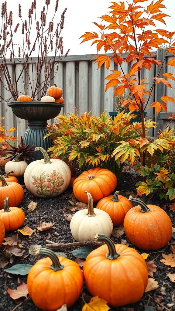 Autumn small garden decor featuring pumpkins and colorful foliage
