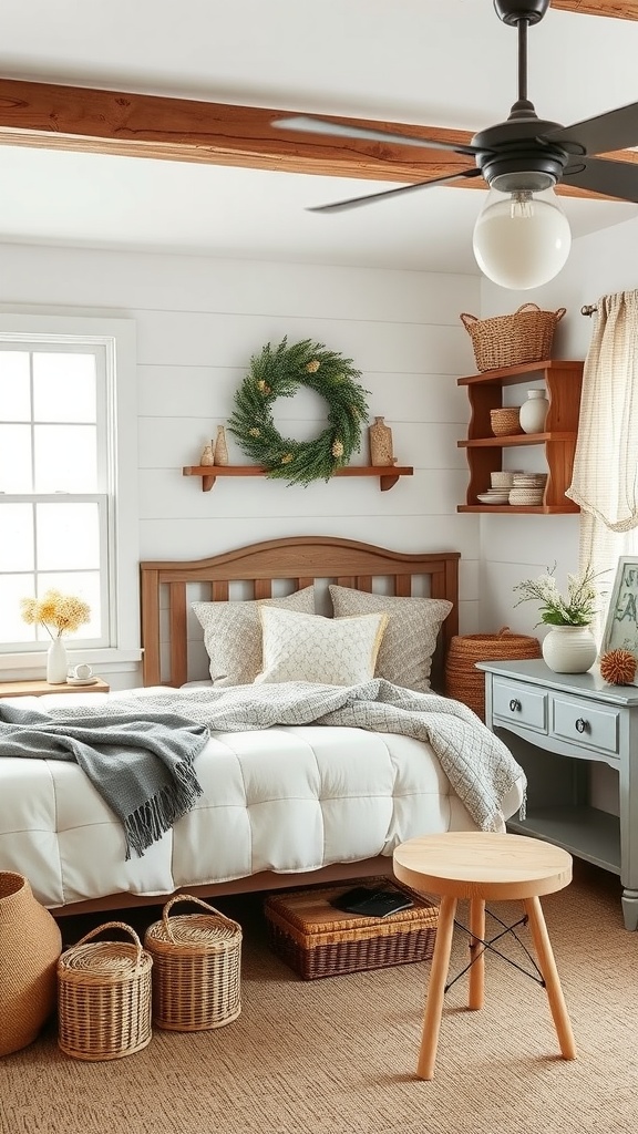 Cozy farmhouse glam bedroom with neutral decor and seasonal accents