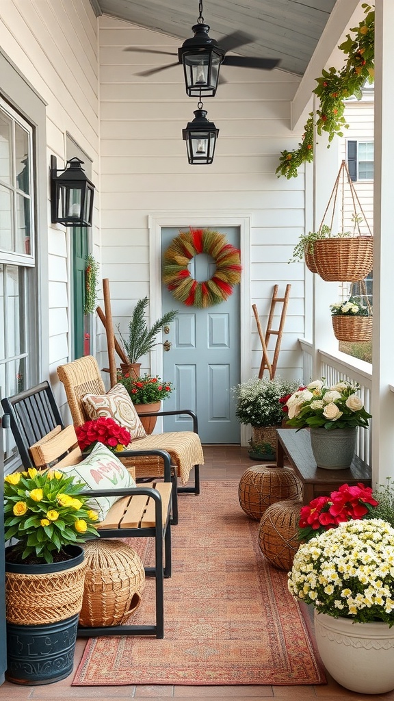 A beautifully decorated boho back porch with plants, wicker furniture, and seasonal decor.