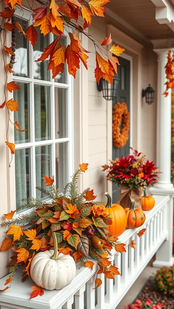 A cozy farmhouse balcony decorated with autumn leaves, pumpkins, and flowers, showcasing seasonal decor.