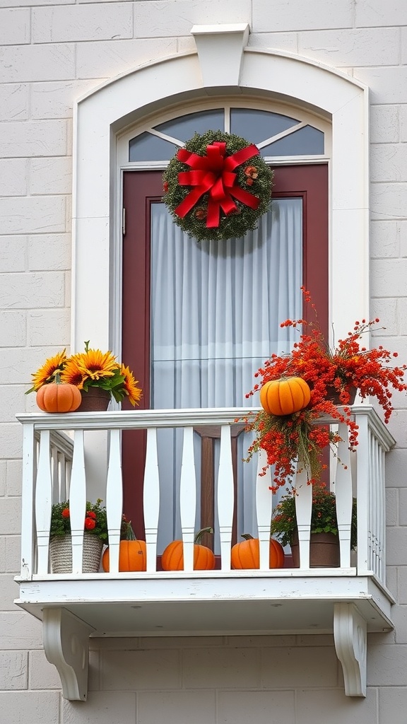 A cozy balcony decorated for autumn with pumpkins, a wreath, and sunflowers.