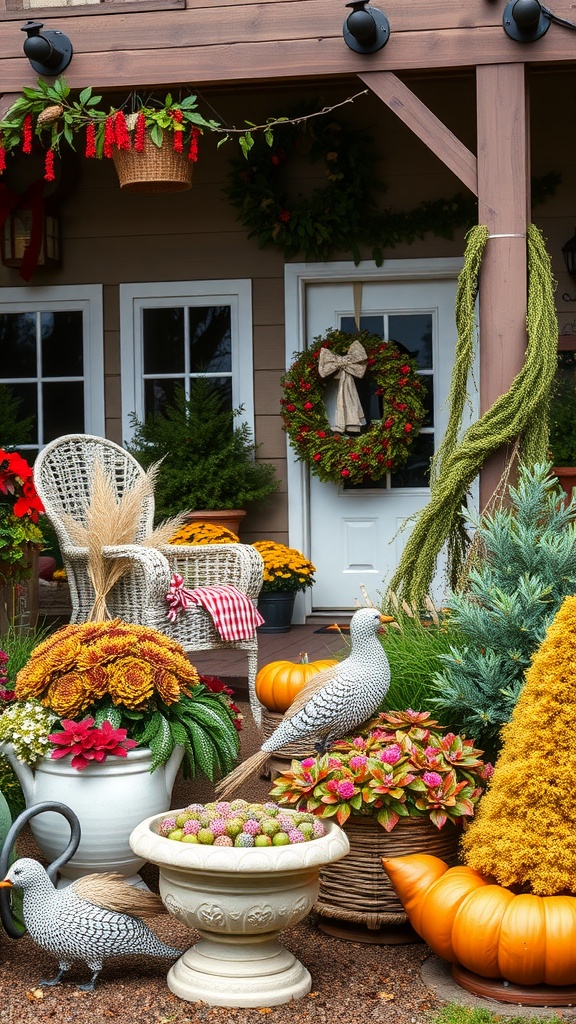 A cozy farmhouse garden decorated for autumn with colorful flowers, pumpkins, and seasonal wreaths.