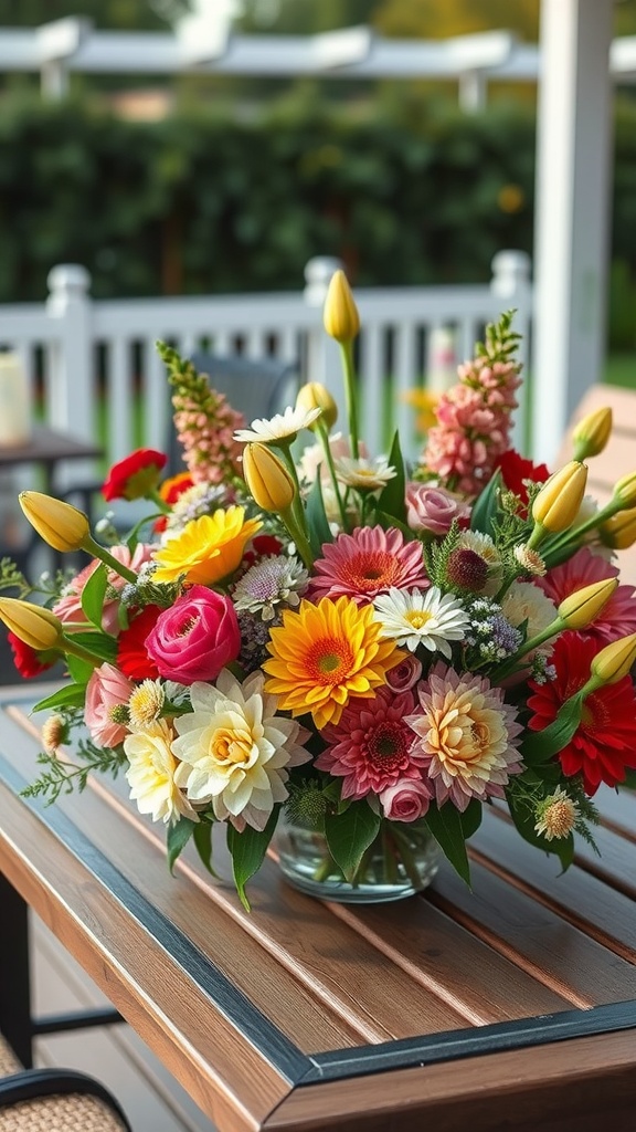 A vibrant flower arrangement featuring tulips, roses, and gerbera daisies on a wooden table.