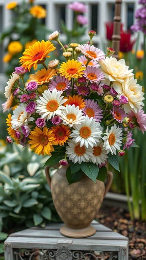 A vibrant bouquet with daisies, gerbera daisies, and roses in a rustic ceramic vase, set against a colorful garden background.
