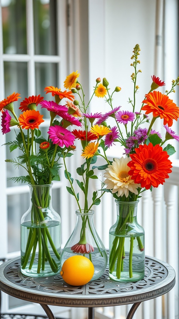 Colorful flower arrangements in vases on a balcony table with an orange fruit.