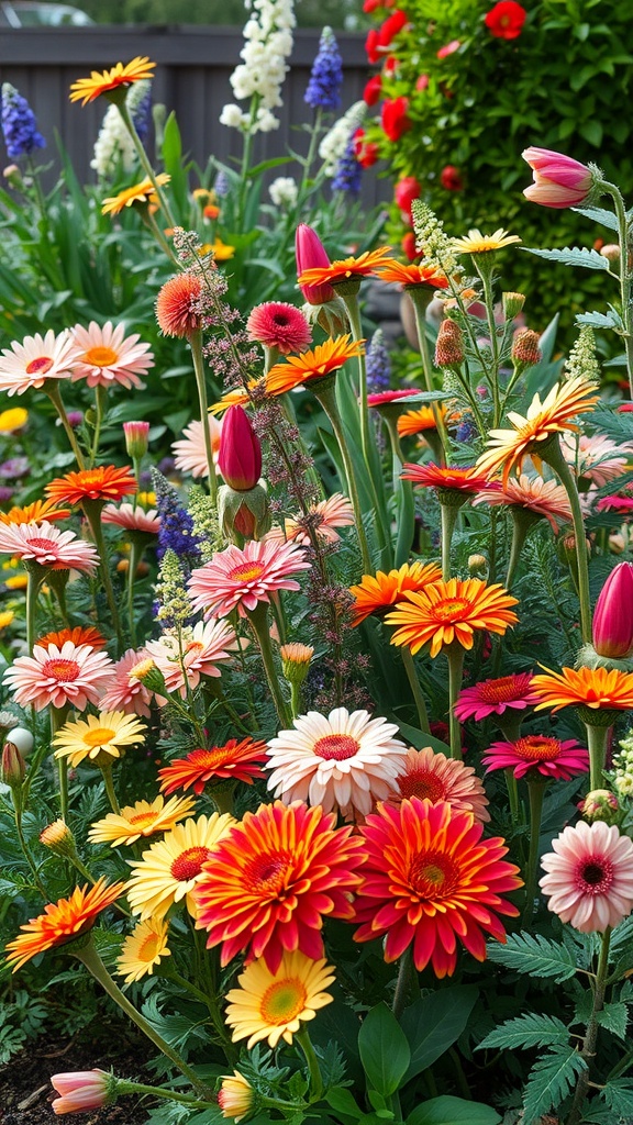 A vibrant garden with seasonal flowers including gerberas, tulips, and daisies in various colors.