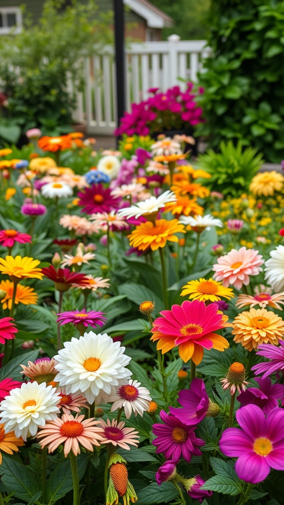 A colorful flower garden featuring a variety of blooms in different colors like pink, orange, and white.