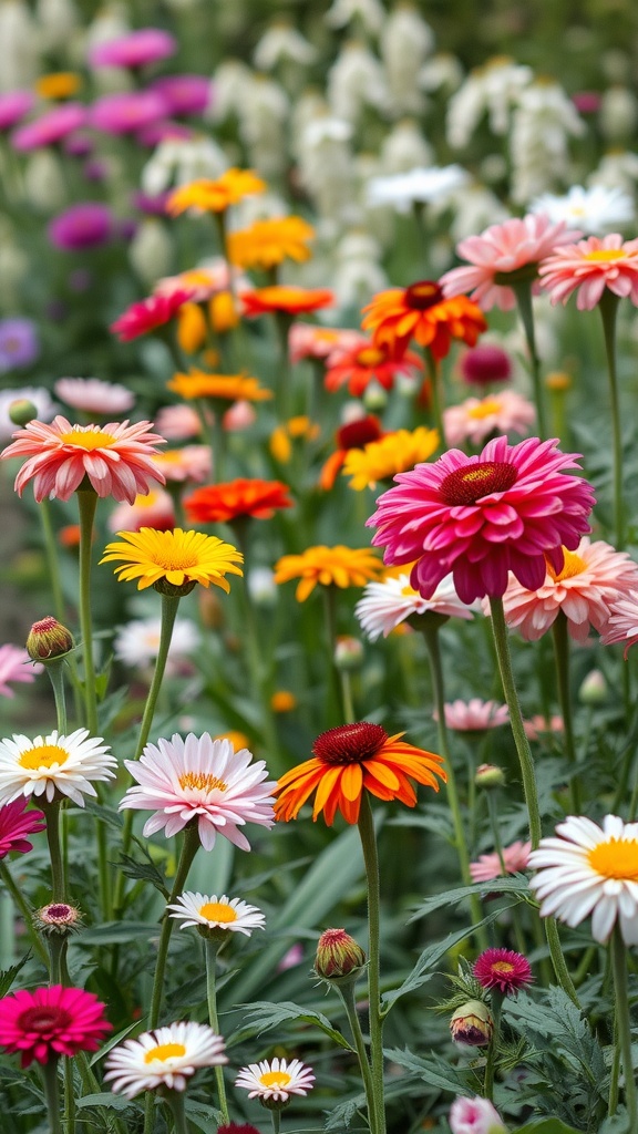Colorful seasonal flowers in a lush garden, featuring daisies and zinnias