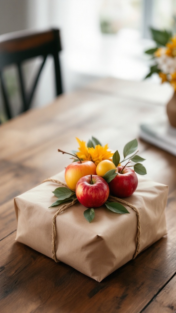 A beautifully wrapped gift with apples and leaves on top, placed on a wooden table.