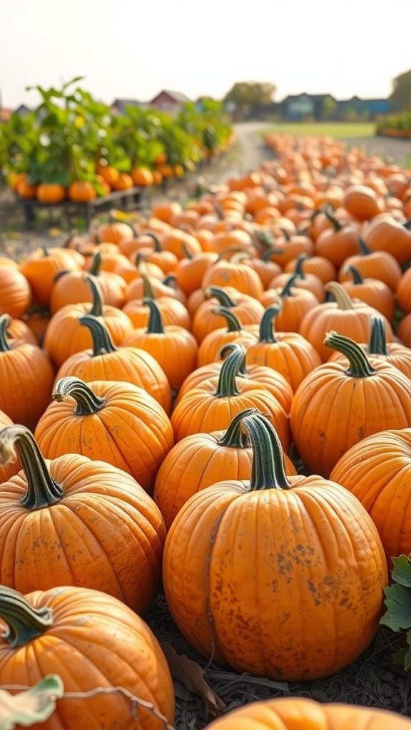 A vibrant pumpkin patch filled with orange pumpkins under a bright sky