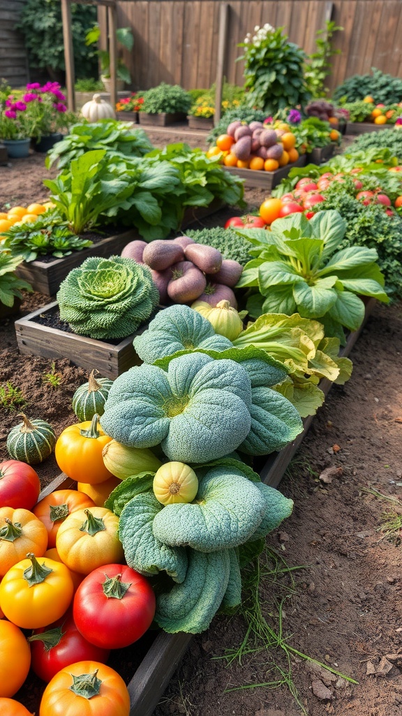A vibrant seasonal vegetable patch featuring various vegetables like tomatoes, squash, and leafy greens.
