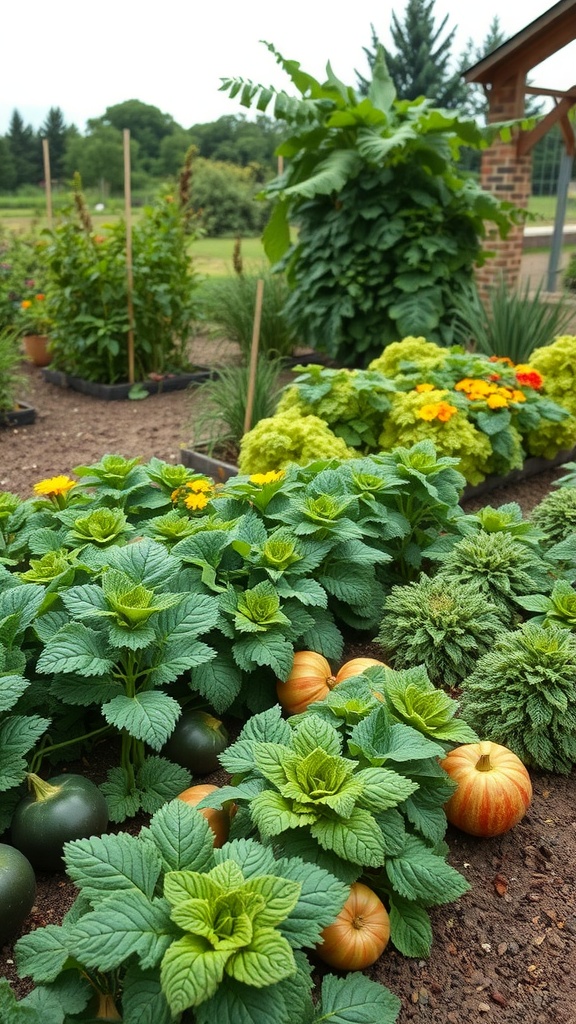A lush seasonal vegetable patch with various plants, including squash and pumpkins, surrounded by flowers.