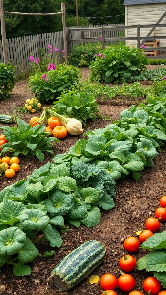 A colorful vegetable patch with pumpkins, tomatoes, and leafy greens in a farmhouse setting.