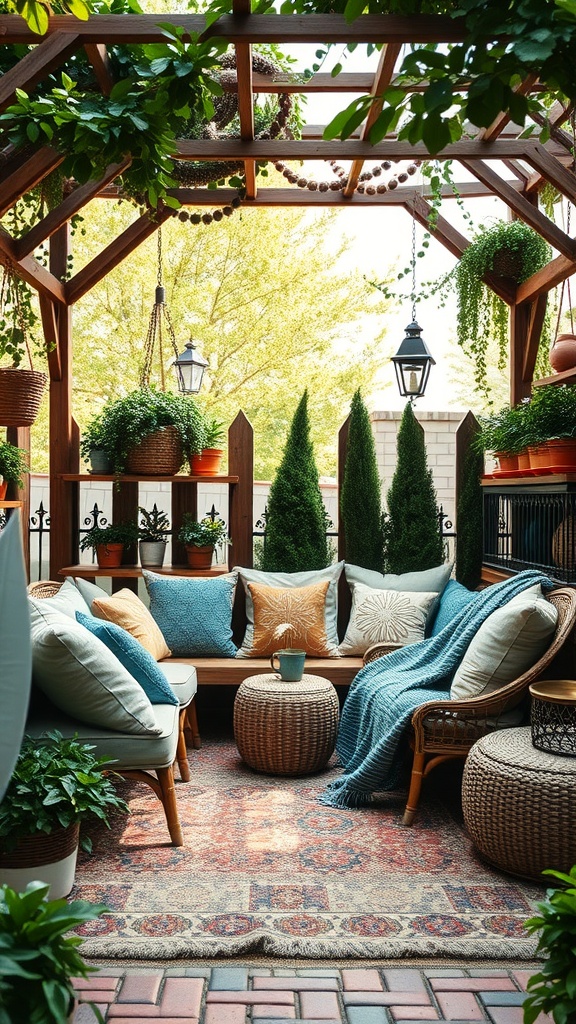 Cozy garden seating nook with pillows and blankets, surrounded by greenery.