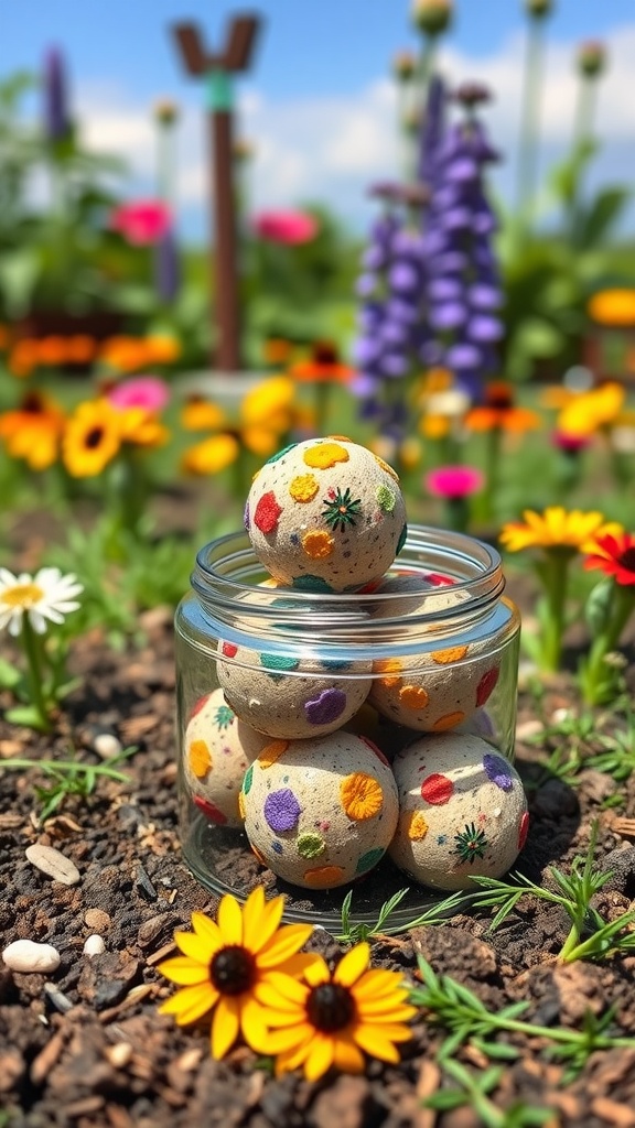 A jar of colorful seed bombs on soil background surrounded by blooming flowers.
