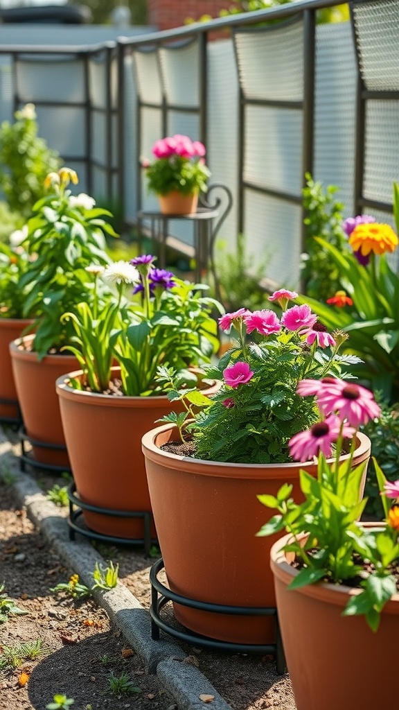 A series of terracotta self-watering planters filled with colorful flowers in a bright garden setting.