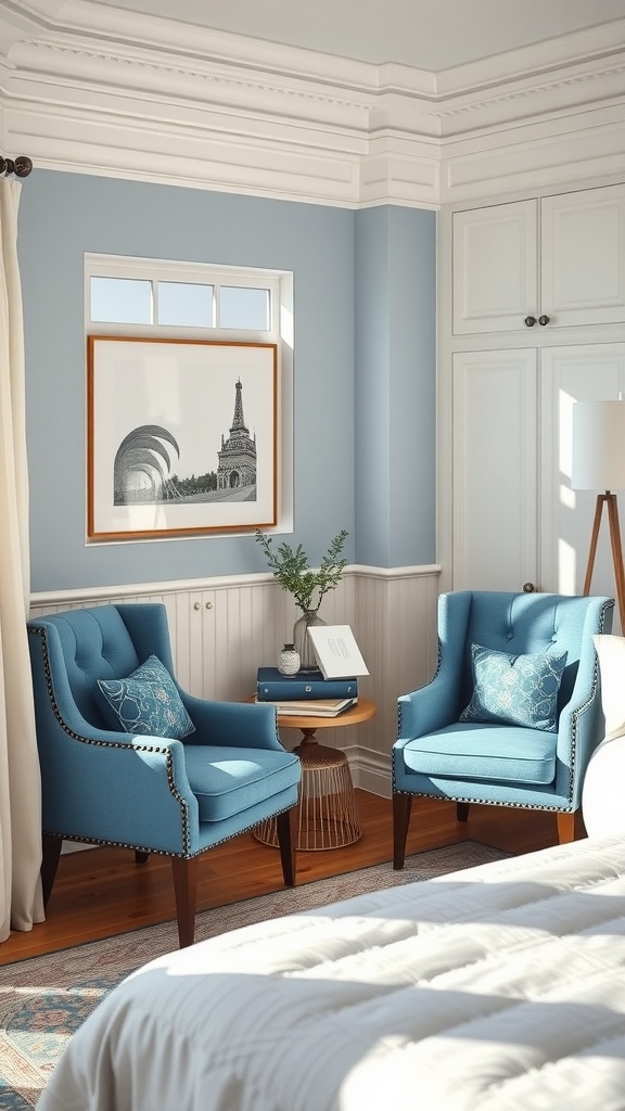 Two blue accent chairs with a small side table in a bright bedroom