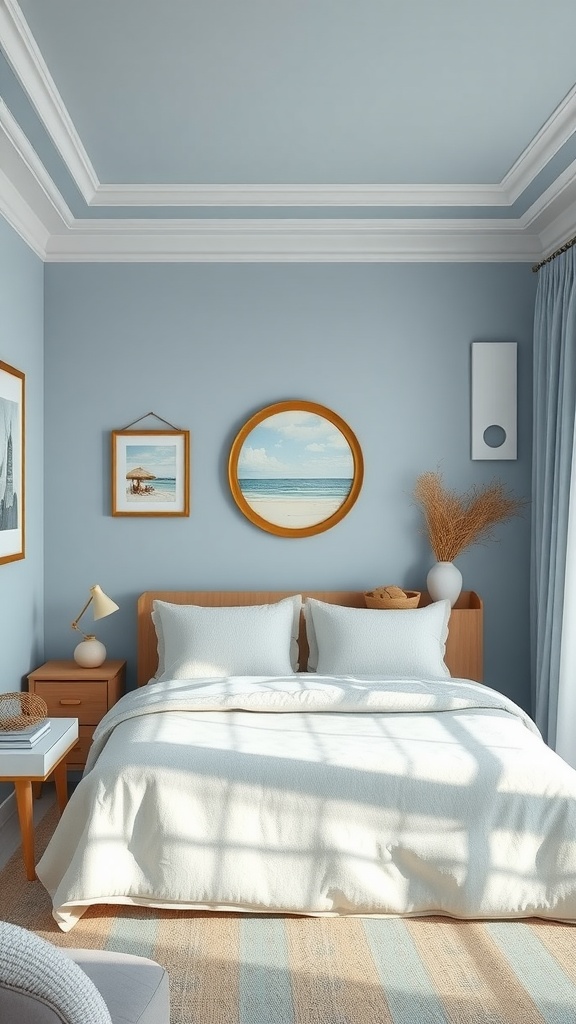 A serene coastal bedroom with blue walls, white bedding, and wooden furniture, featuring beach-themed artwork.