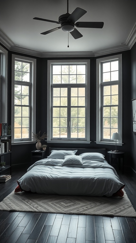 A serene bedroom featuring dark walls, large windows letting in natural light, and a cozy bed.