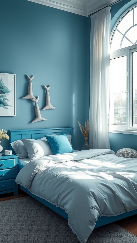 A serene blue bedroom with whale tail decorations, a cozy bed, and natural light.